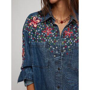 Free People Denim Button-Up with Red & Green Floral Embroidery